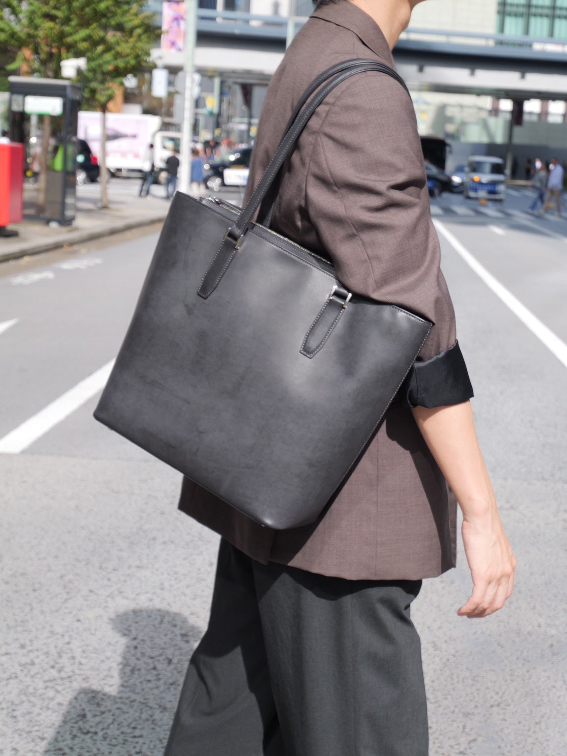 国産牛革ロー引き 縦型トートバッグ|日本製 本革