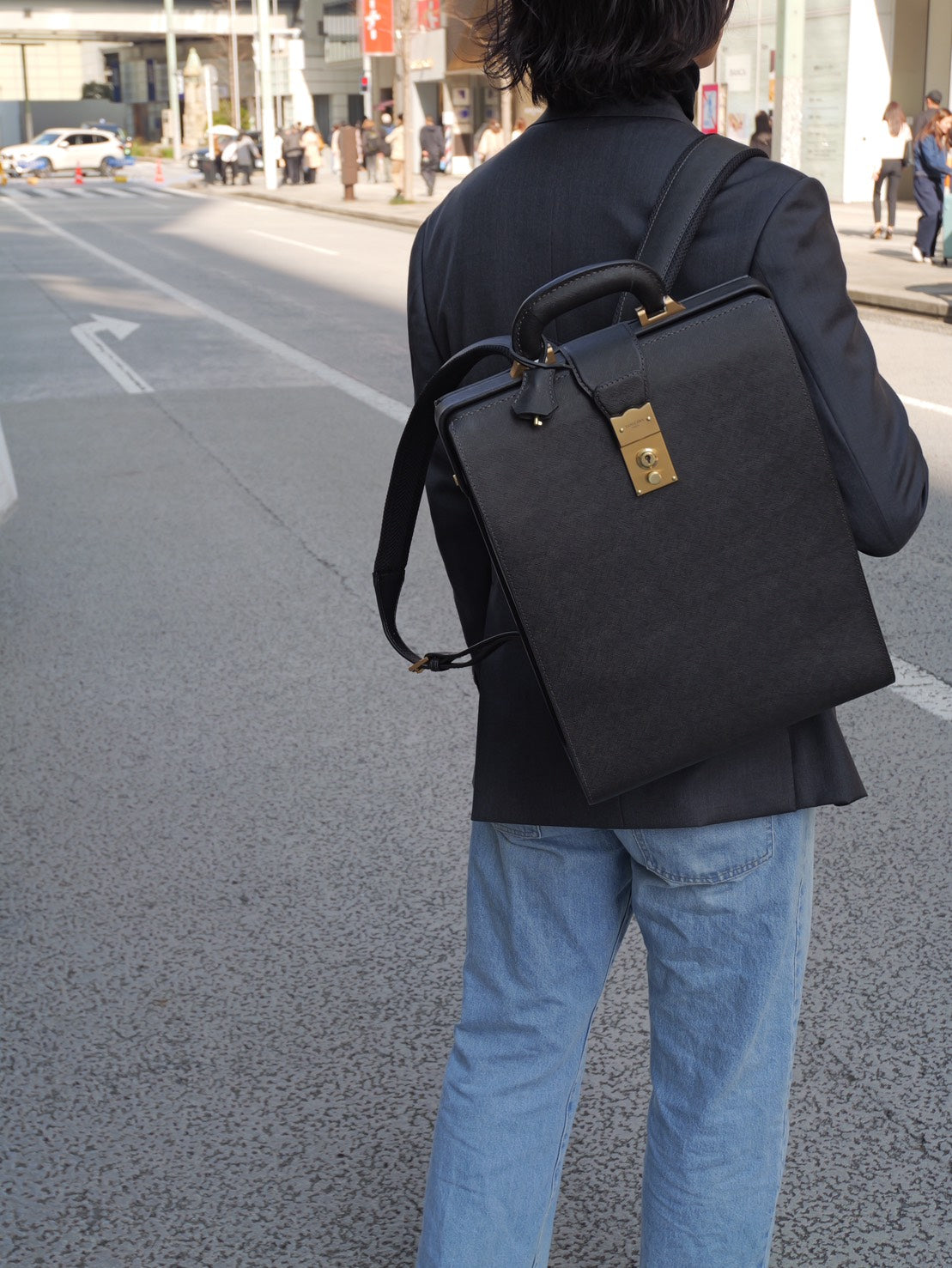 【防水本革】ダレスバッグリュック 姫路レザー型押し ブラック 日本製（キャリーオン対応）